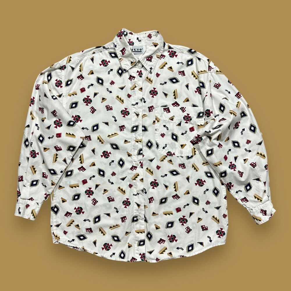 Vintage 80s Novelty Print Shirt Southwestern Long Sleeve Button Up Cotton Womens